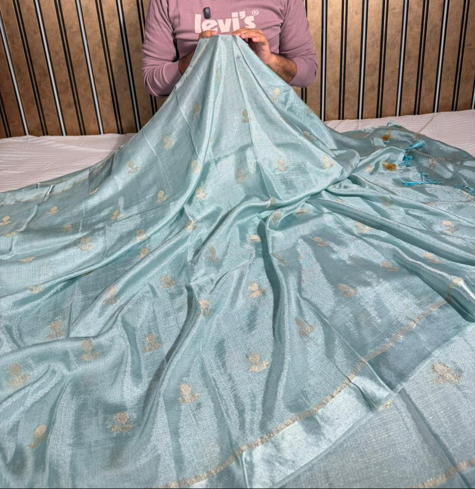 Pastel Blue Extremely Soft Georgette Silk Banarasi Saree