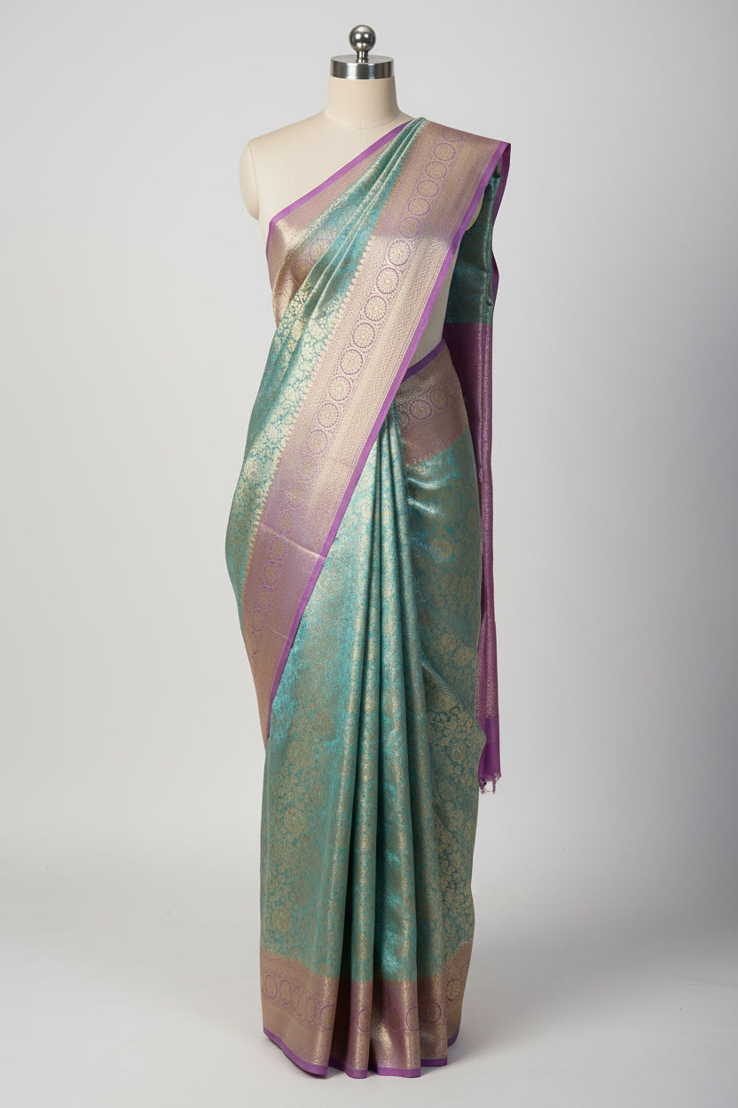 Pastel Firozi Tissue Silk Kanjivaram Embossed Banarasi Saree