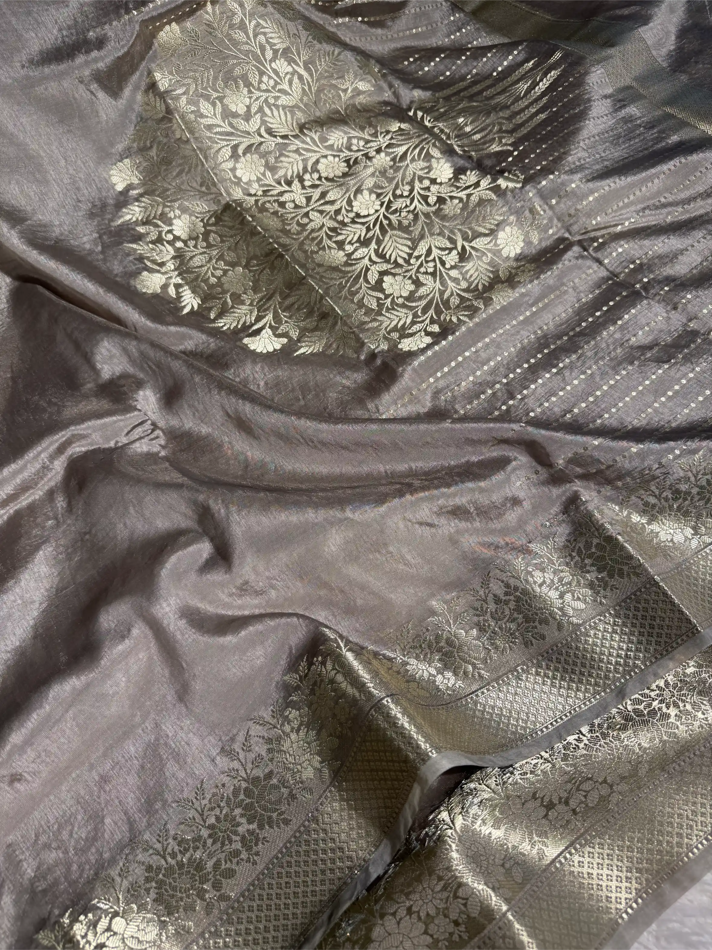 Pastel Grey Crepe Chinia Silk Banarasi Saree