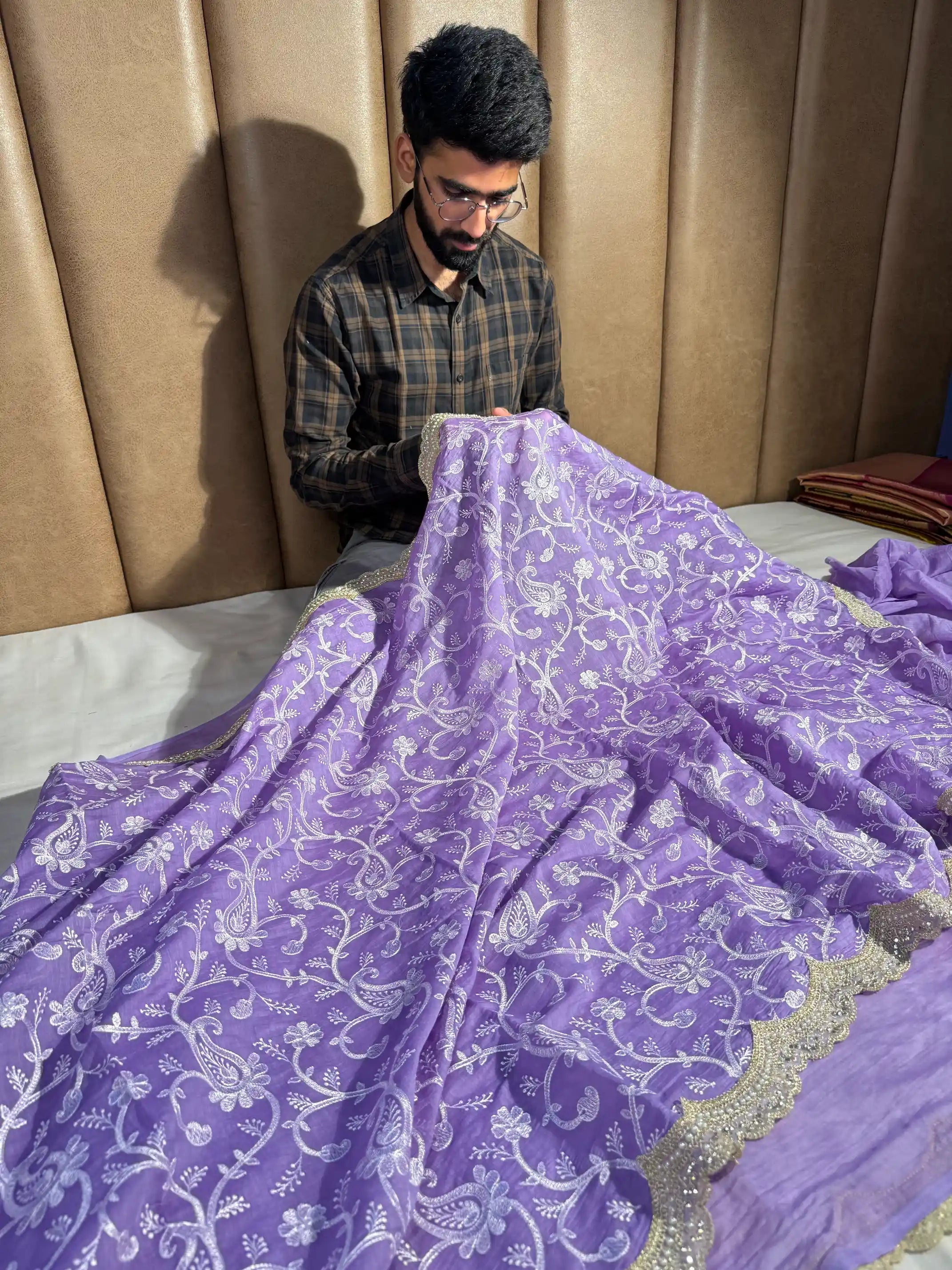 Pastel Lavender Shade Pure Mul Chanderi Saree with Premium Chikankari Embroidery Work