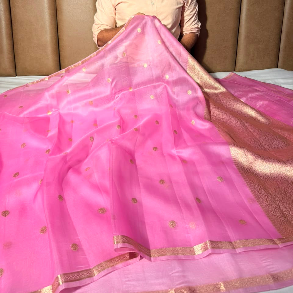 Pastel Pink Handwoven Pure Organza Banarasi Saree