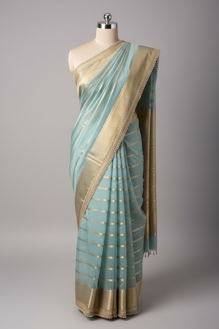 Pastel Sea Blue Kora Organza Silk Lace Attached Banarasi Saree