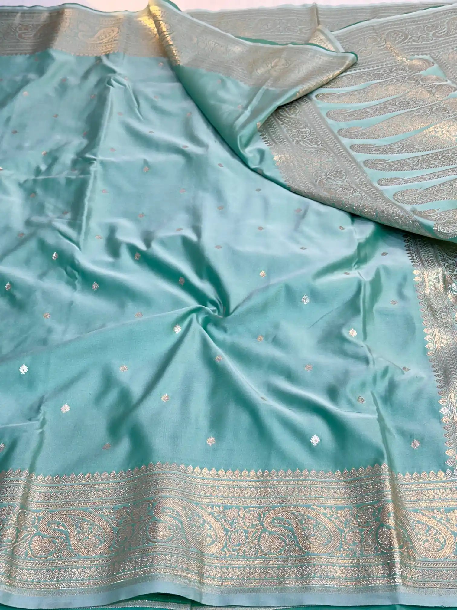 Pastel Sea Blue Premium Mashru Katan Silk Banarasi Saree