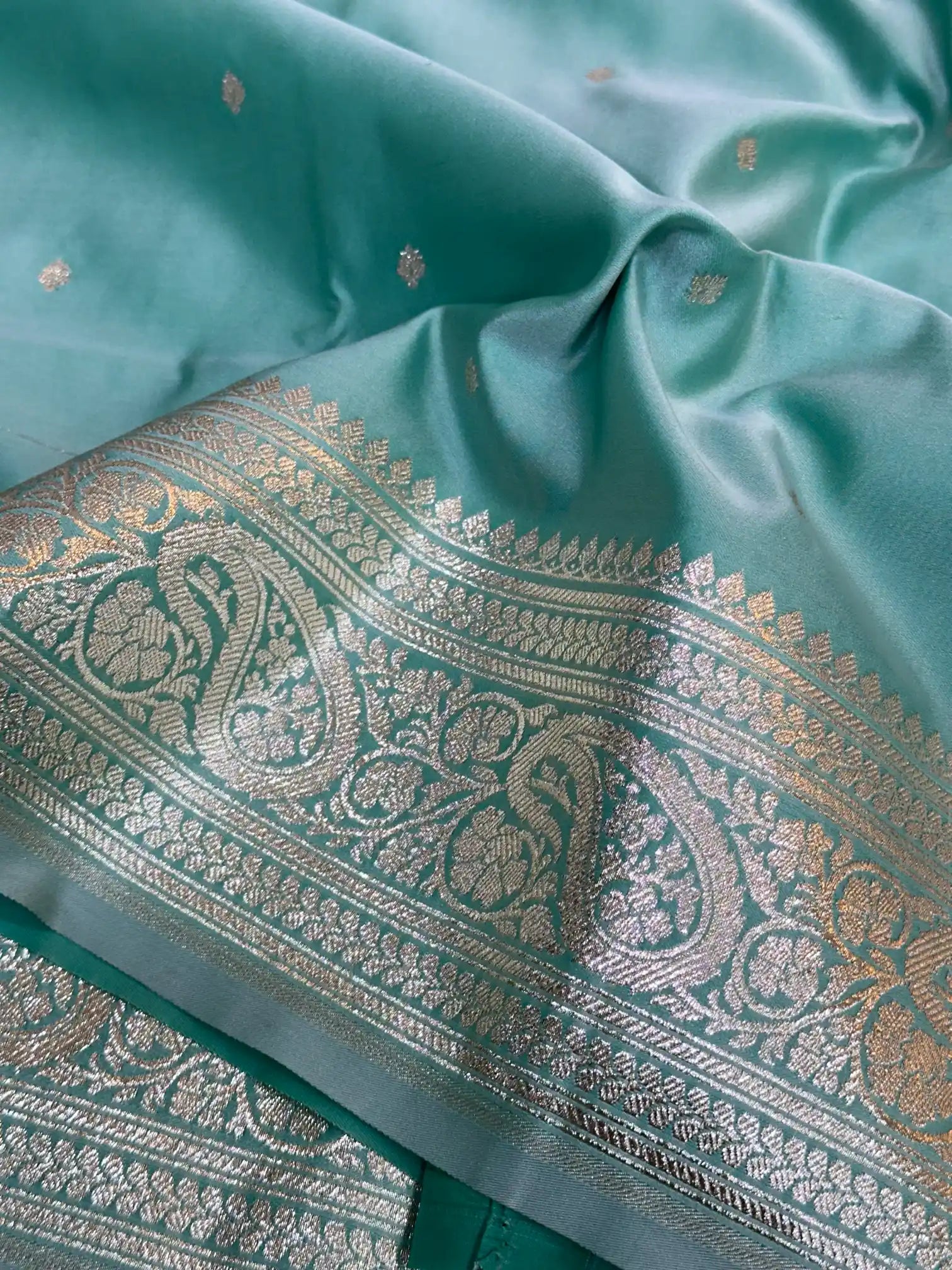 Pastel Sea Blue Premium Mashru Katan Silk Banarasi Saree