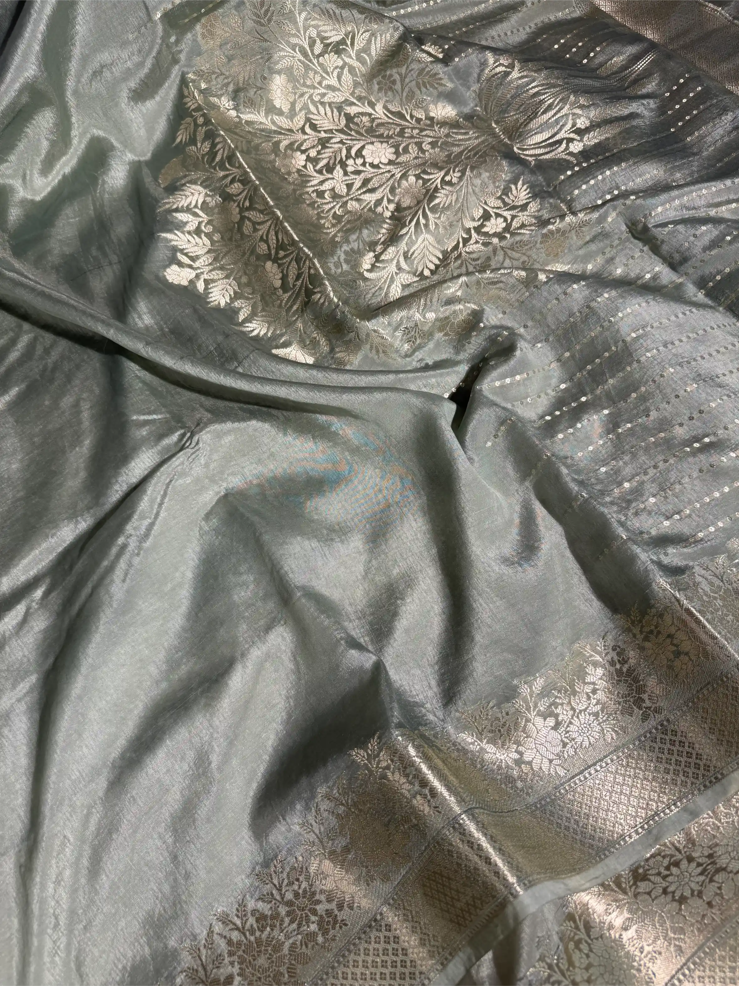 Pastel Sea Green Crepe Chinia Silk Banarasi Saree