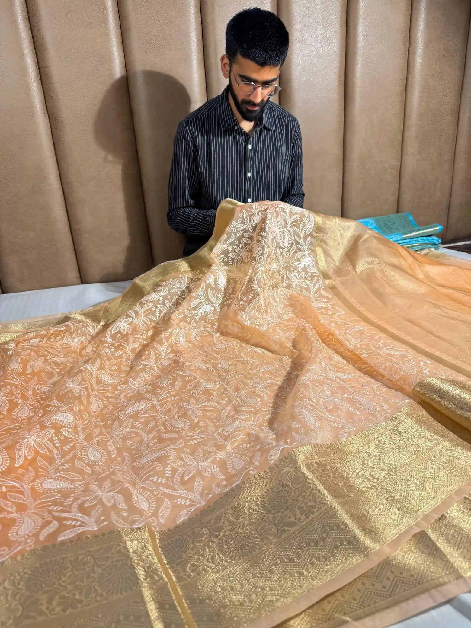Peach Organza Silk Banarasi Chikankari Saree