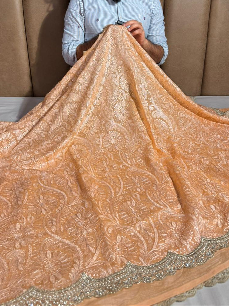 Persian Orange Pure Mul Chanderi Chikankari Work Banarasi Saree