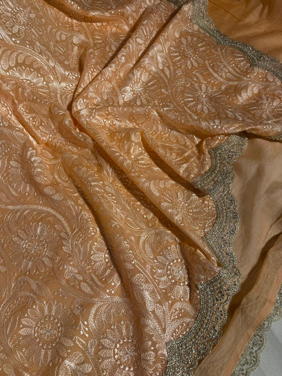 Persian Orange Pure Mul Chanderi Chikankari Work Banarasi Saree