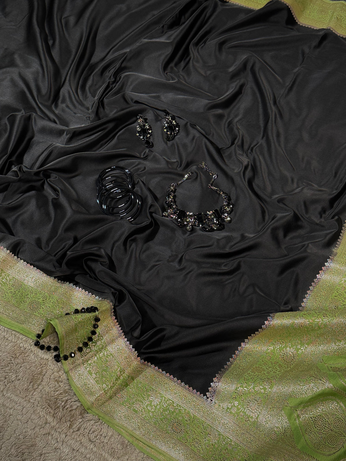 Olive Green Masru Katan Saree With Silver-Tone Floral Design