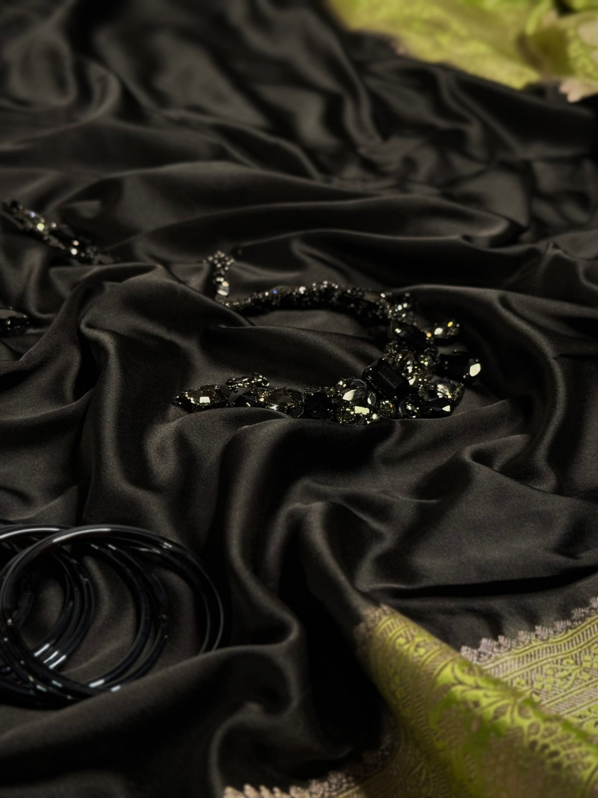 Olive Green Masru Katan Saree With Silver-Tone Floral Design