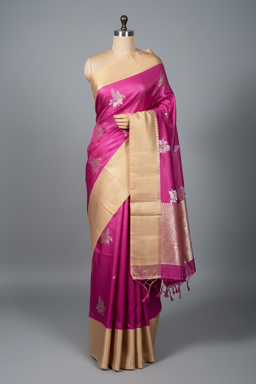 Rani Peach Checkered Banarasi Silk Saree