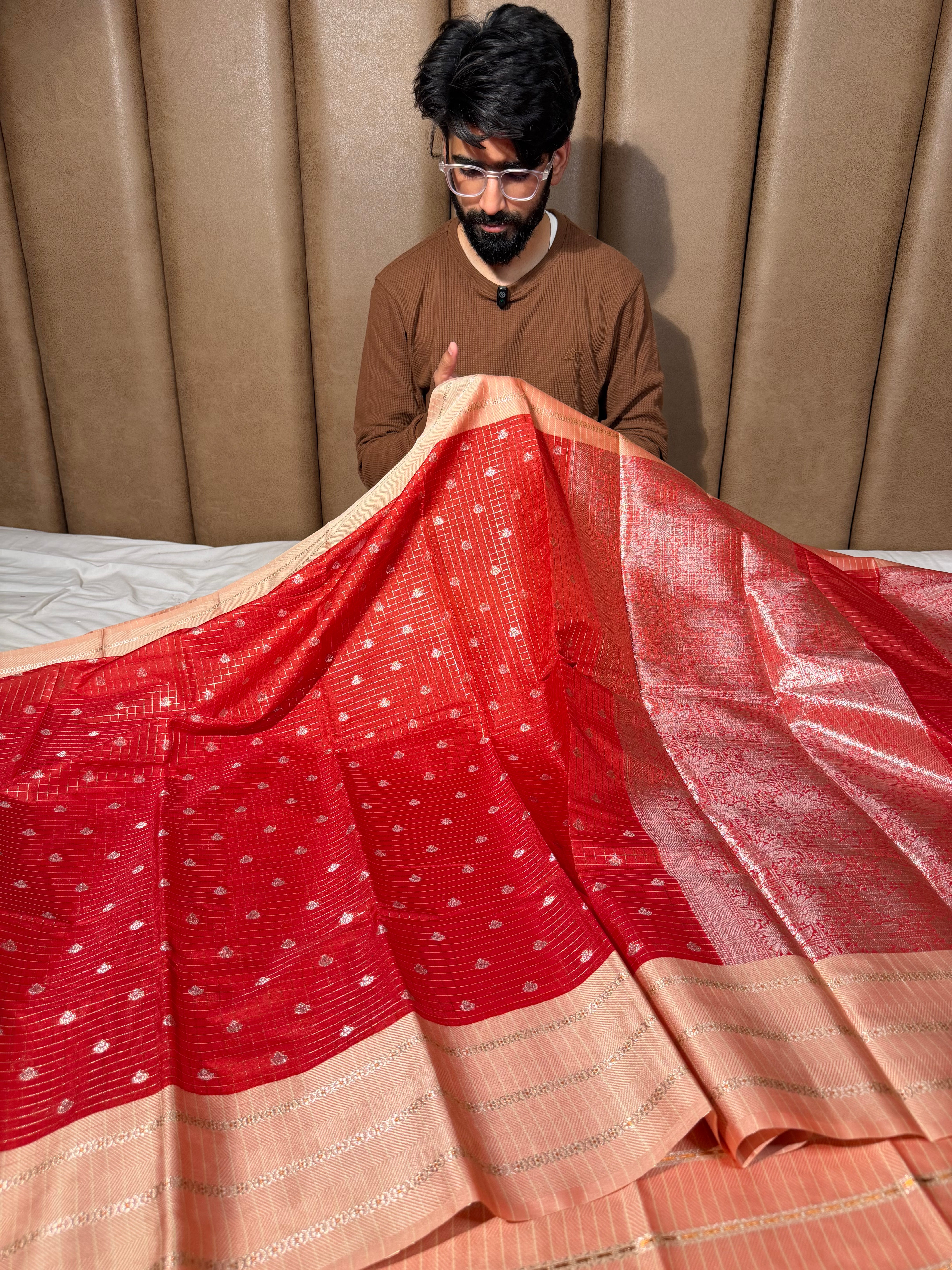 Red Peach Checks Weave Banarasi Silk Saree