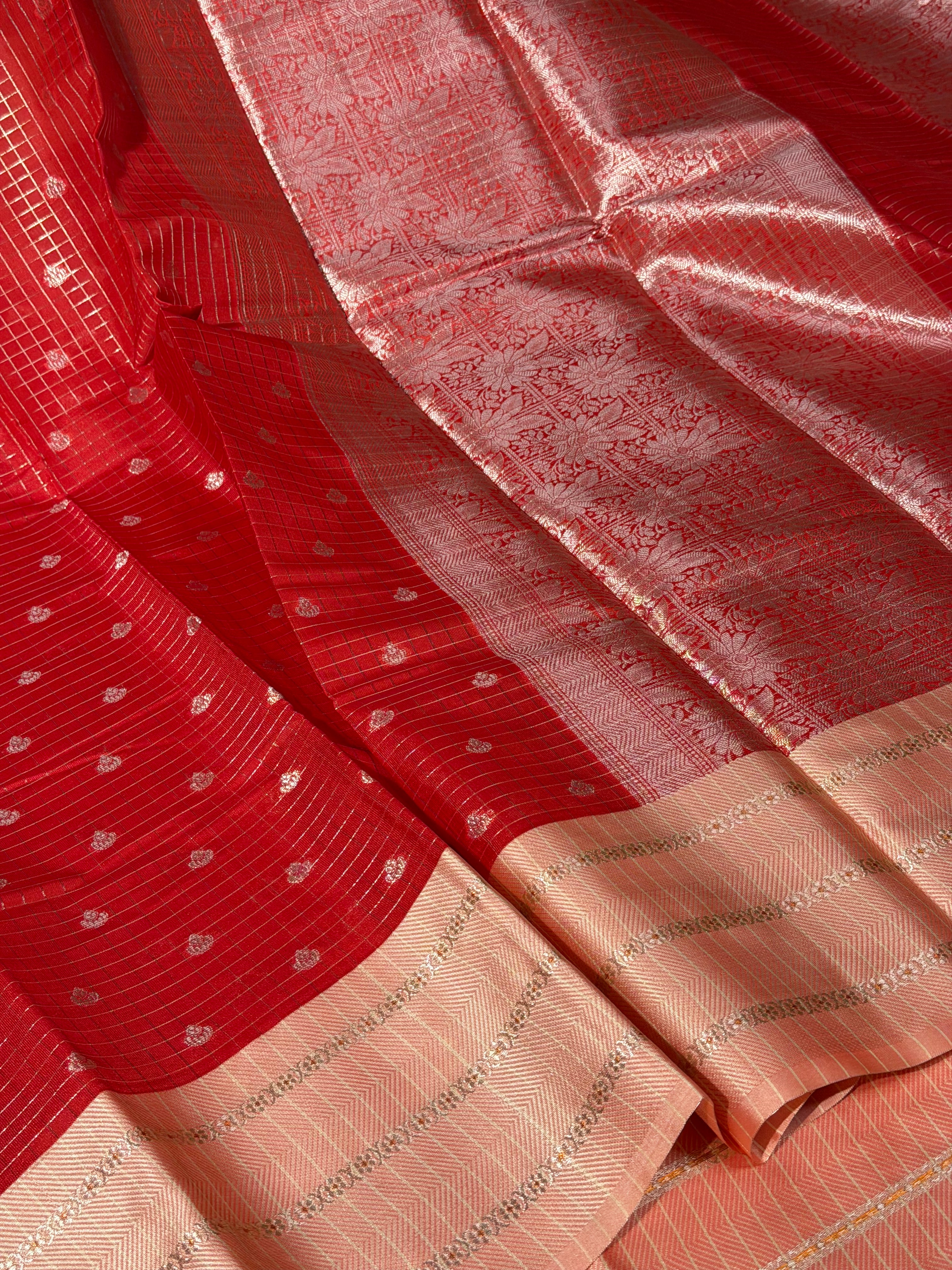 Red Peach Checks Weave Banarasi Silk Saree
