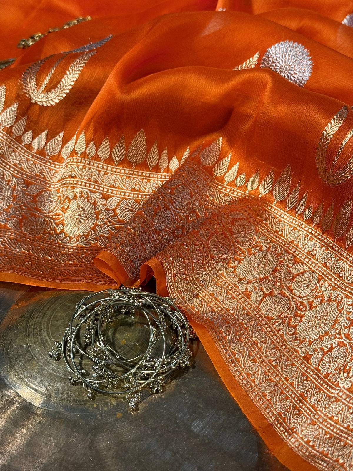 Metallic Orange Handloom Weave Pure Kora Silk Banarasi Saree