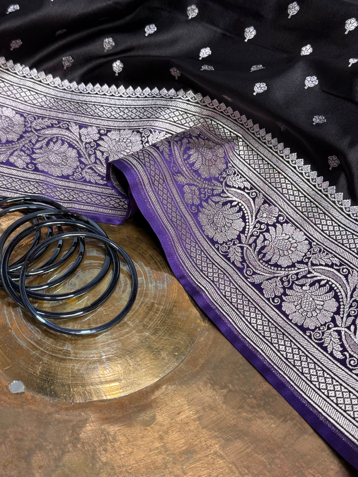 Midnight Black Mashru Katan Saree With Silver Buti & Purple Border