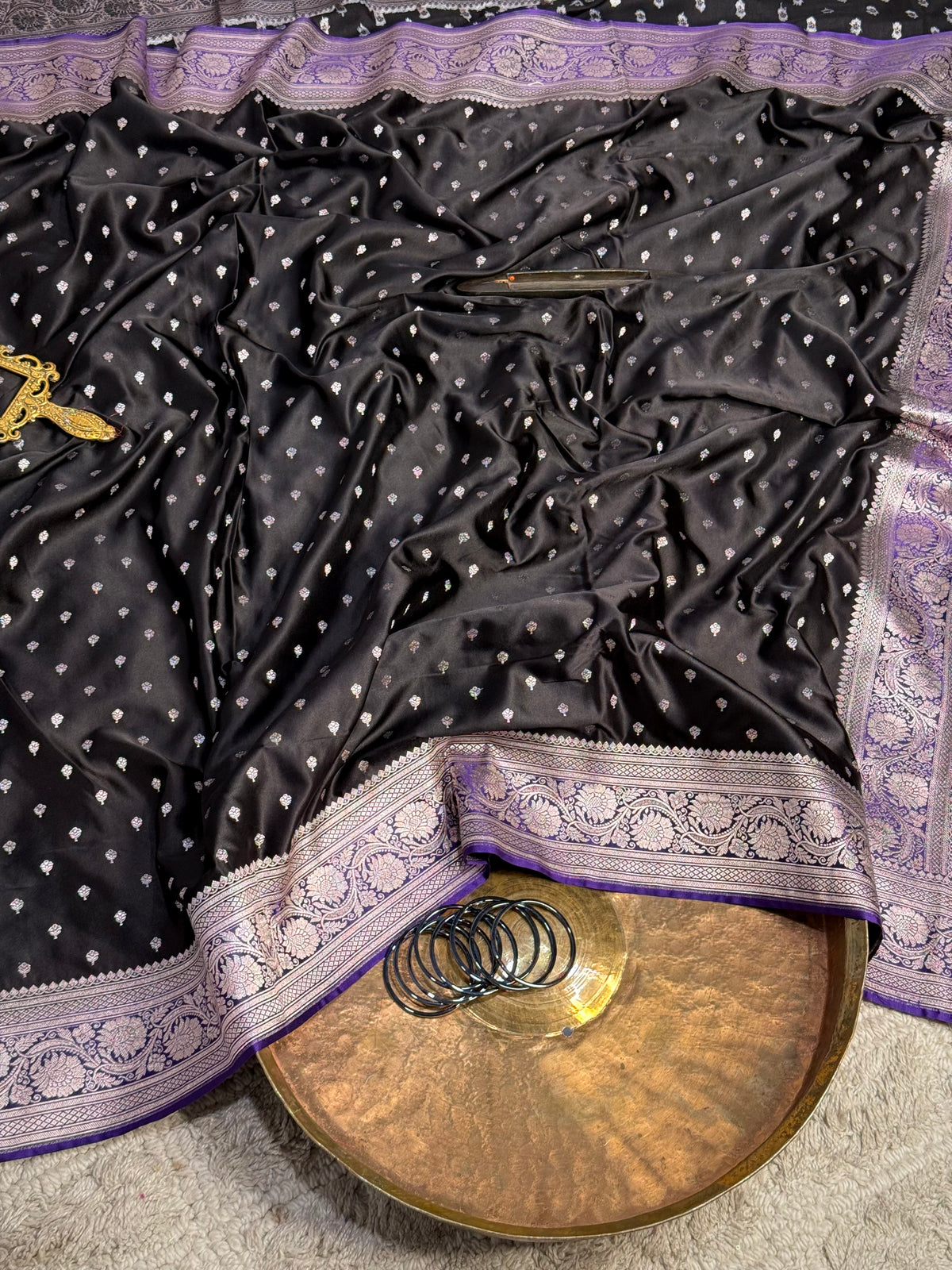 Midnight Black Mashru Katan Saree With Silver Buti & Purple Border