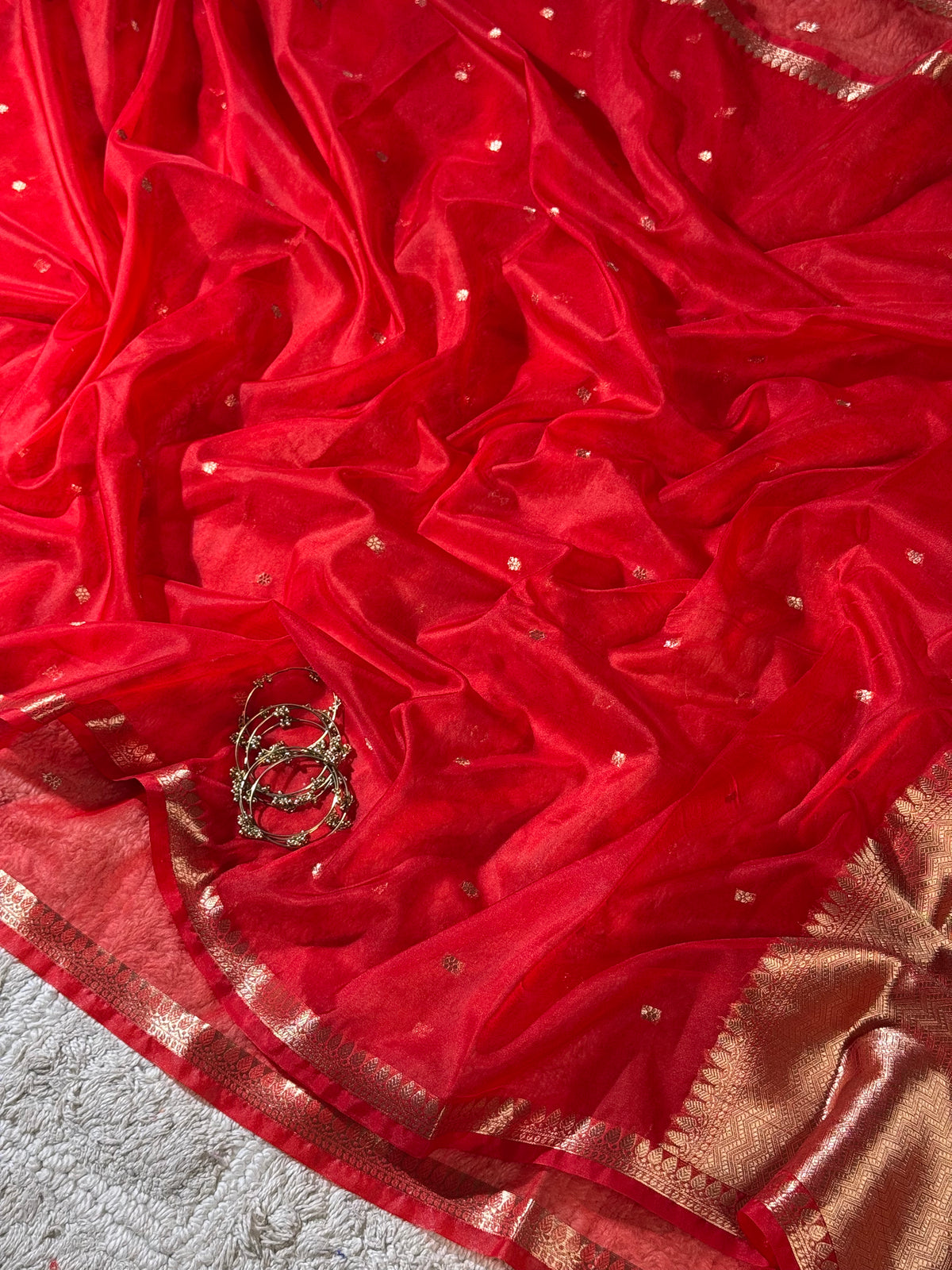 Crimson Red Zari Butti Silk Saree With Elegant Border