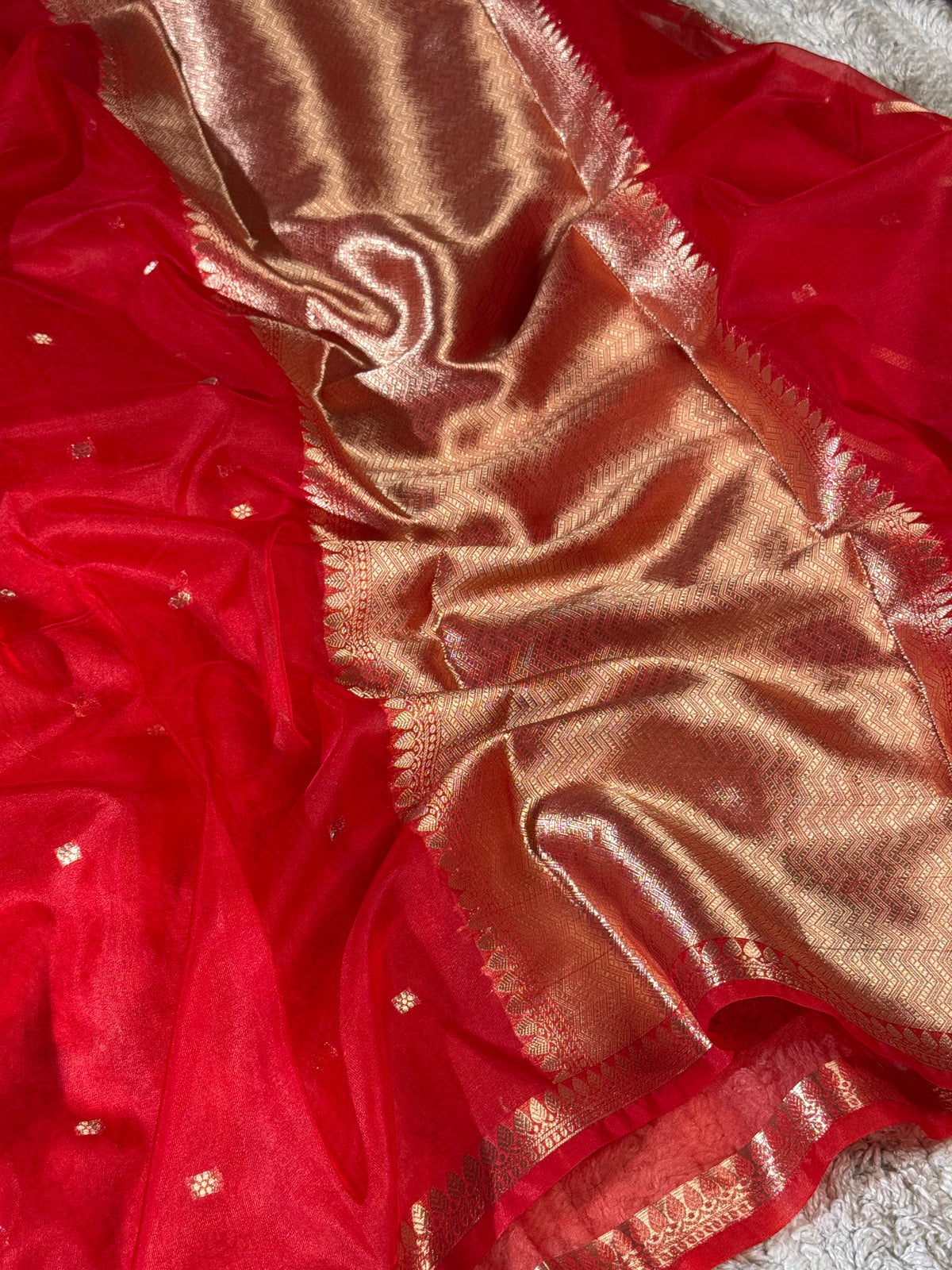 Crimson Red Zari Butti Silk Saree With Elegant Border