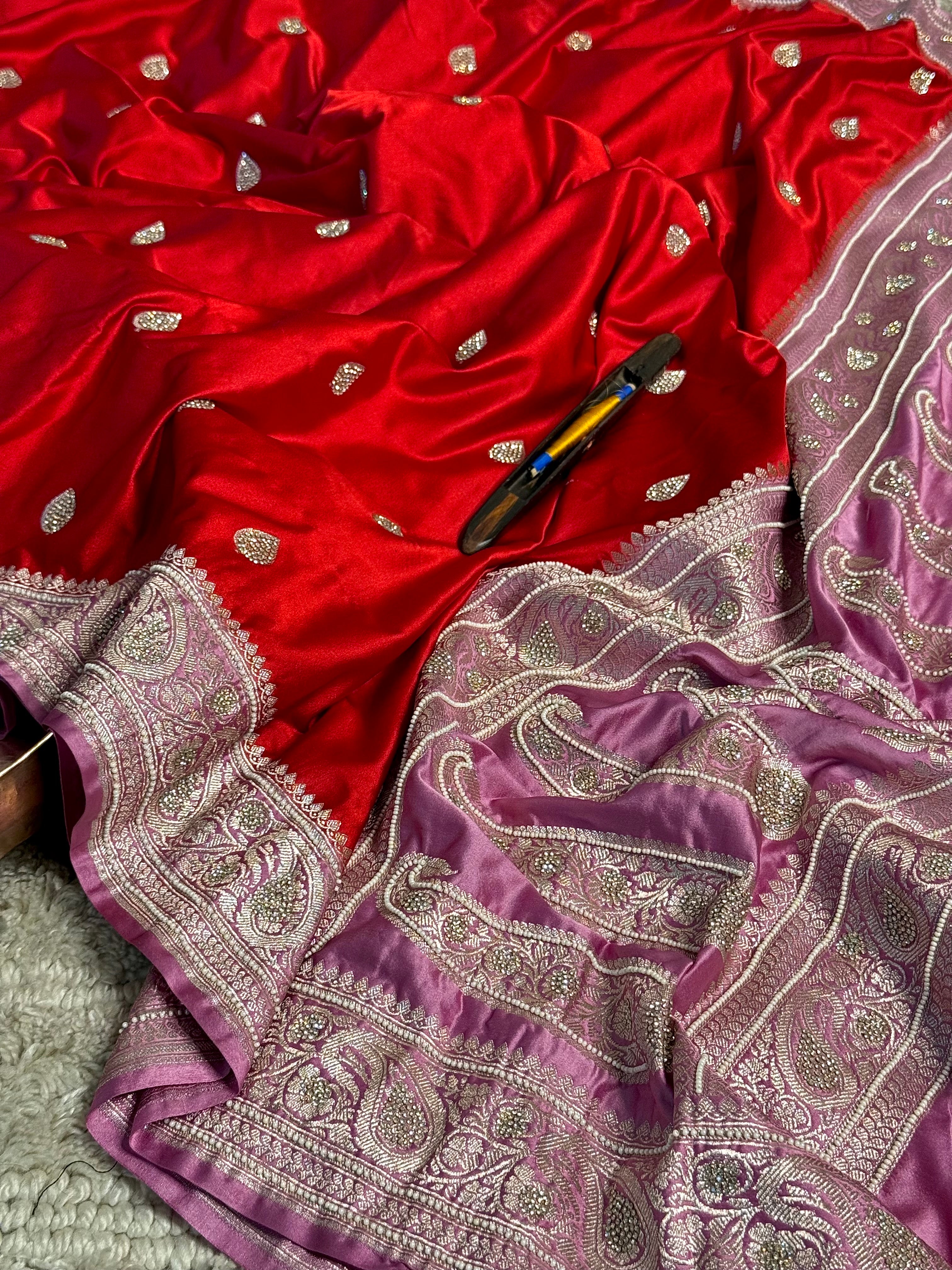 Orange Lilac Mashru Katan Premium Handwork Saree