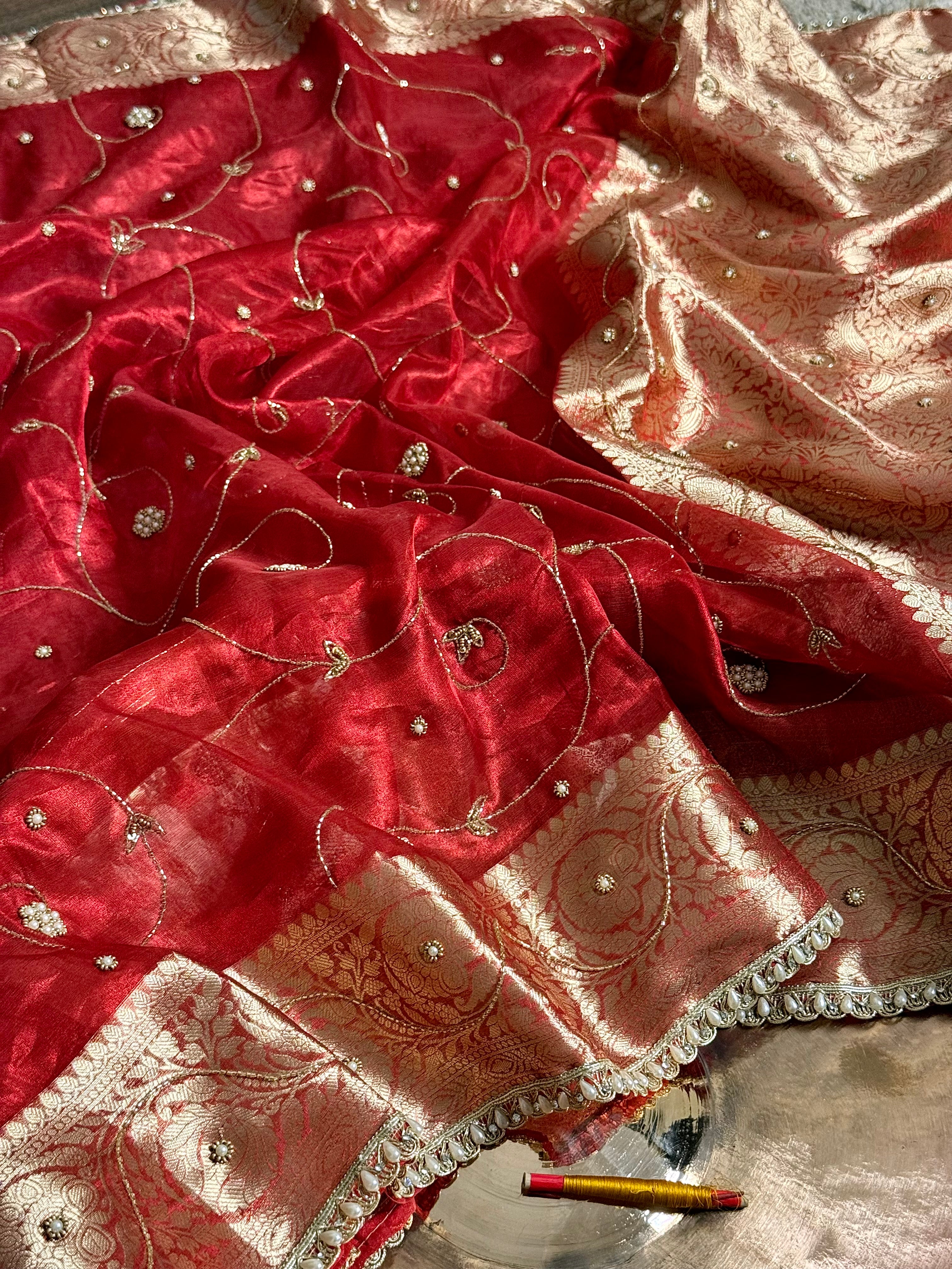 Carmine Red Pure Tissue Silk premium Handwork Saree