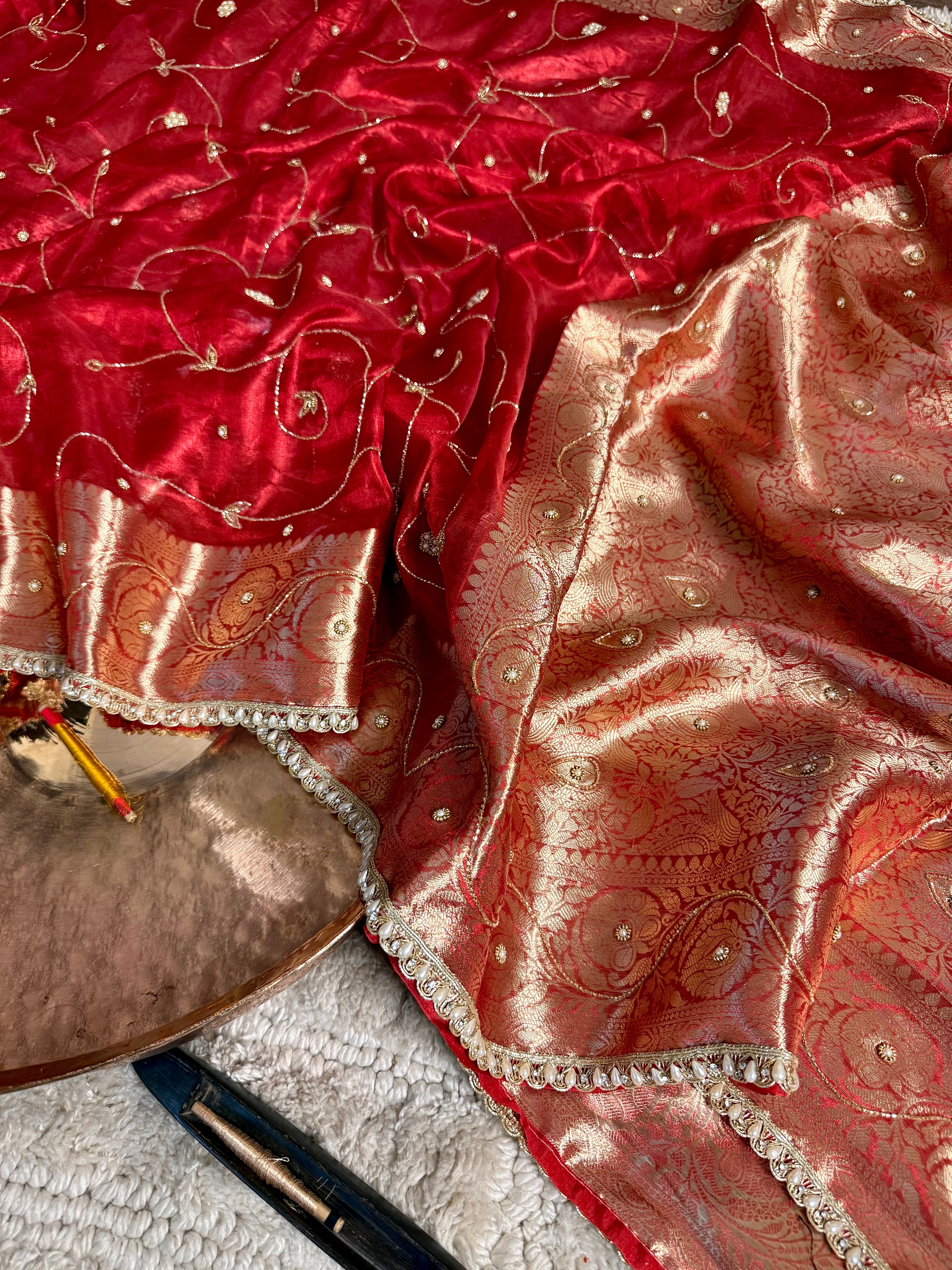 Carmine Red Pure Tissue Silk premium Handwork Saree