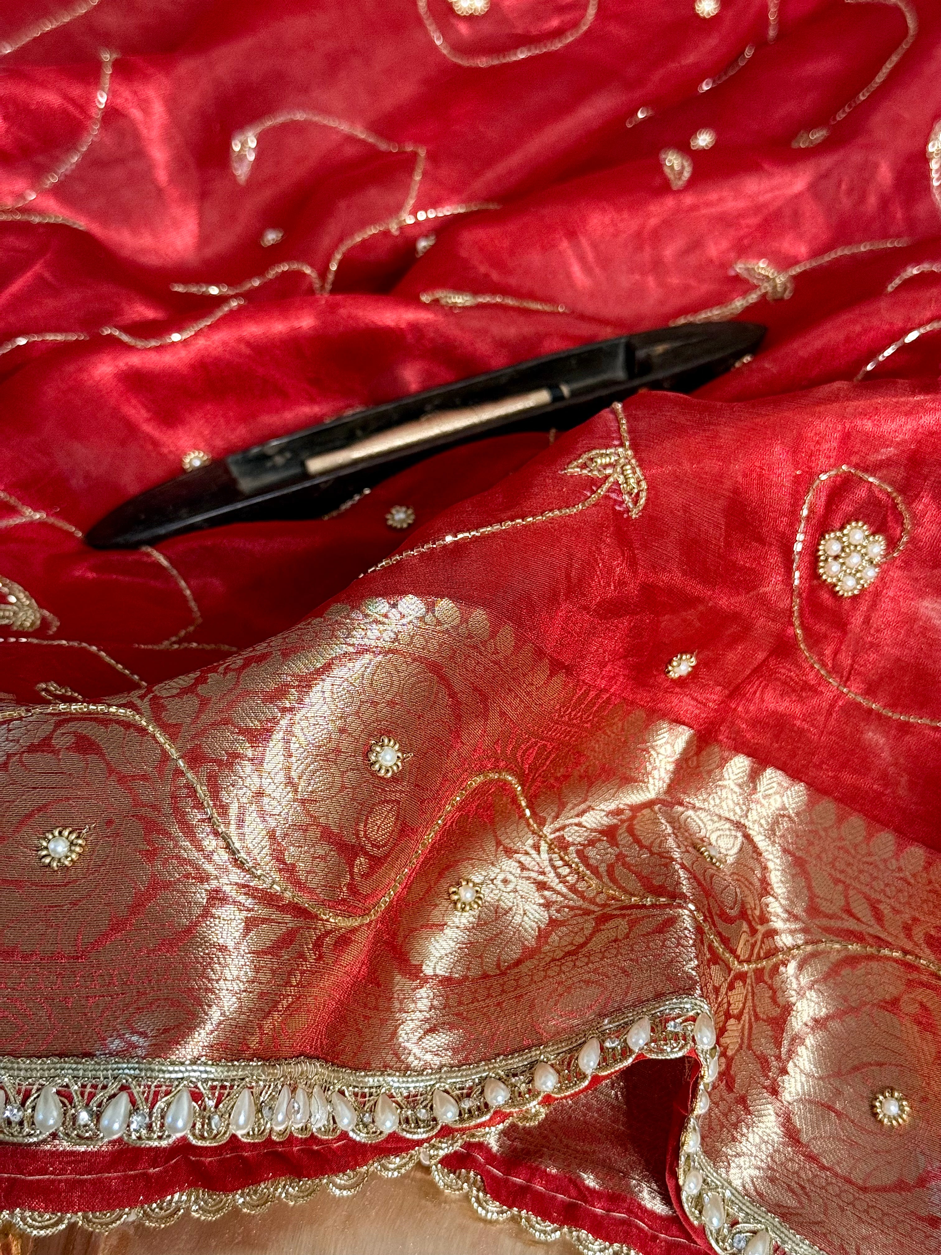 Carmine Red Pure Tissue Silk premium Handwork Saree