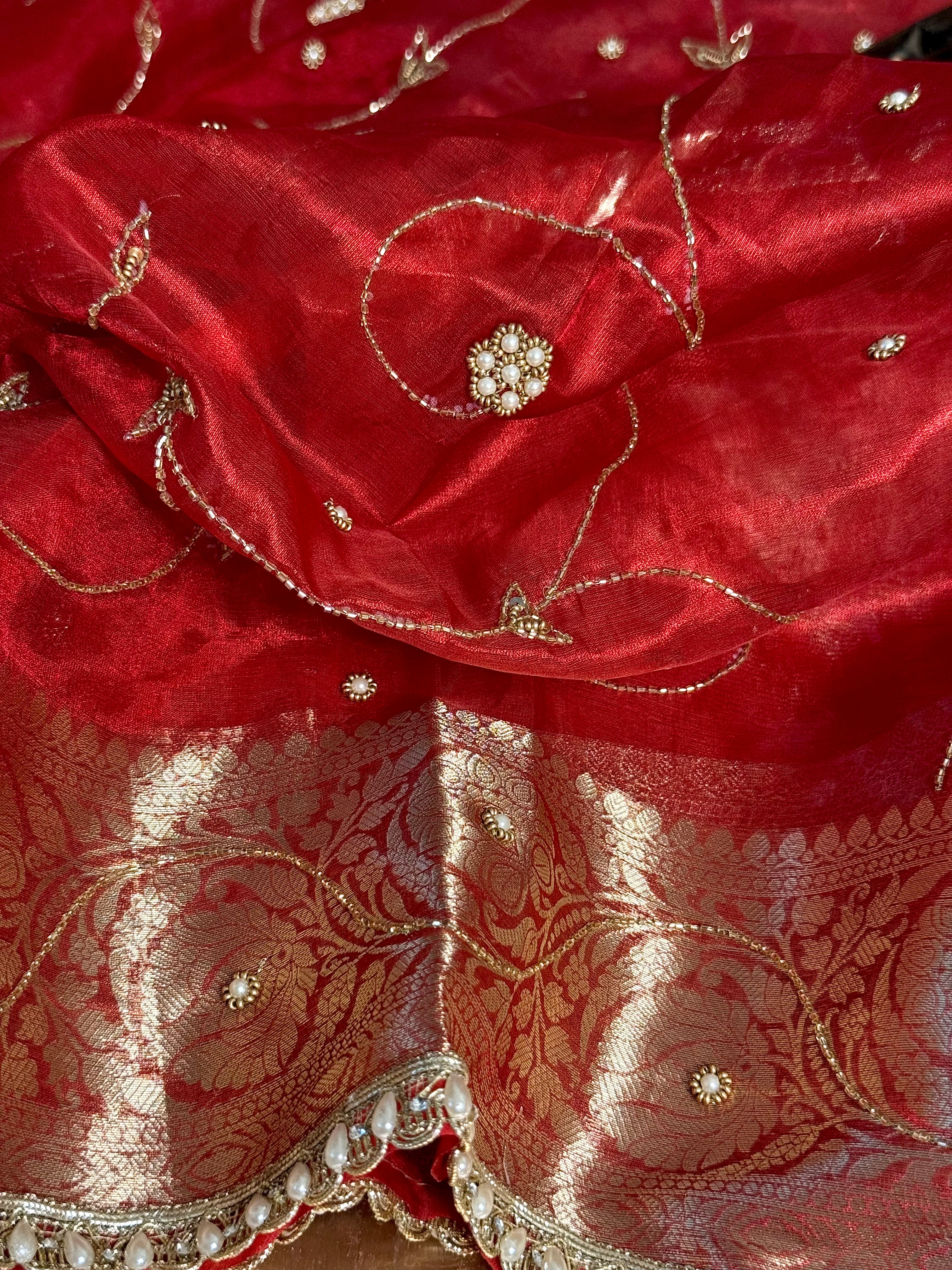 Carmine Red Pure Tissue Silk premium Handwork Saree