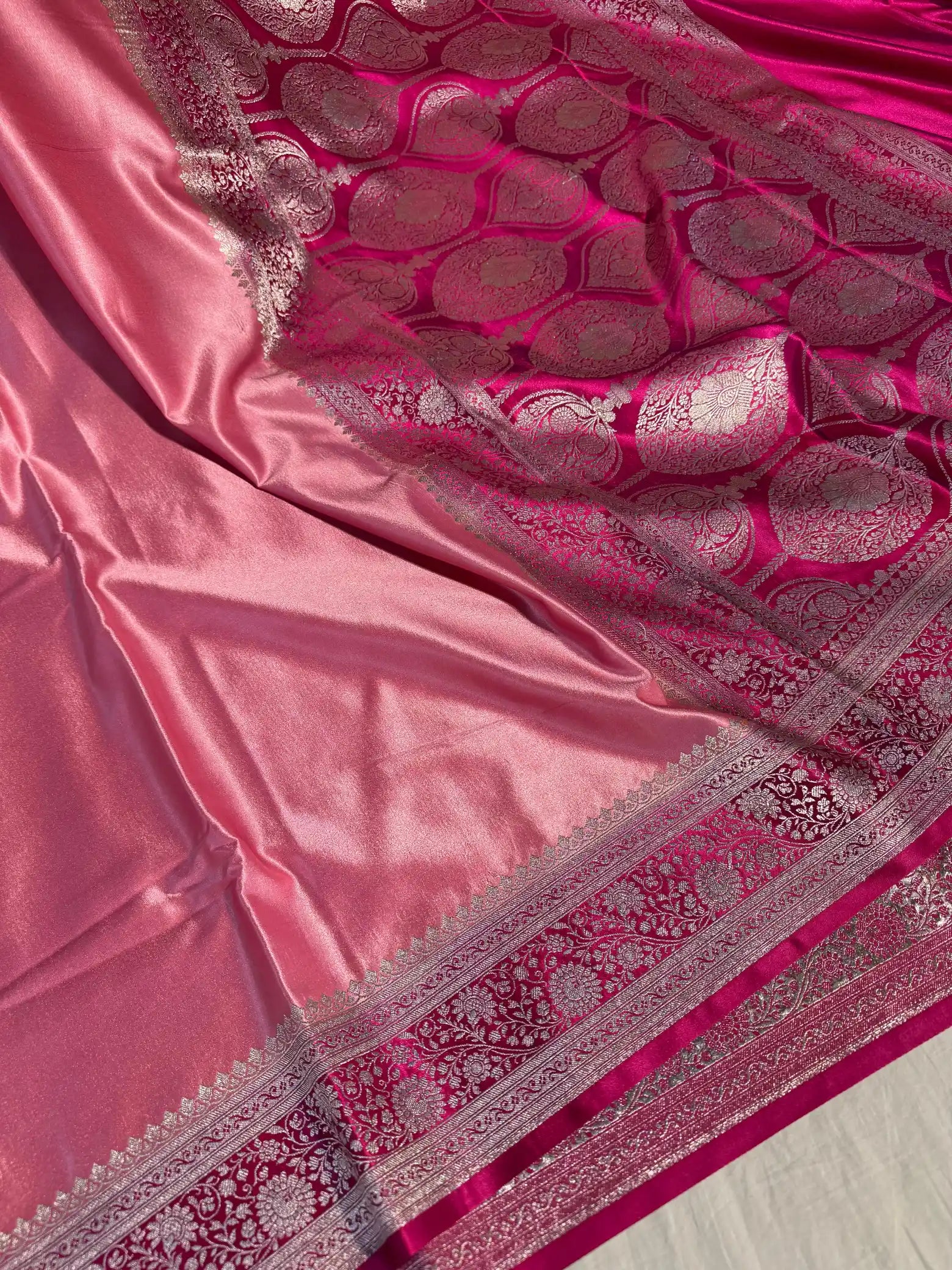 Pink Banarasi Mashru Katan Silk Saree with Rich Pallu and Blouse