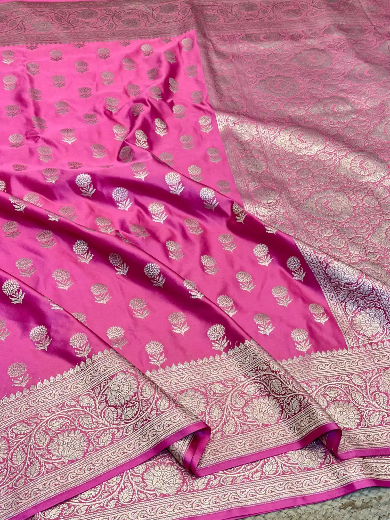 Pink Eccentric Motifs Weave Mashru Katan Silk Saree