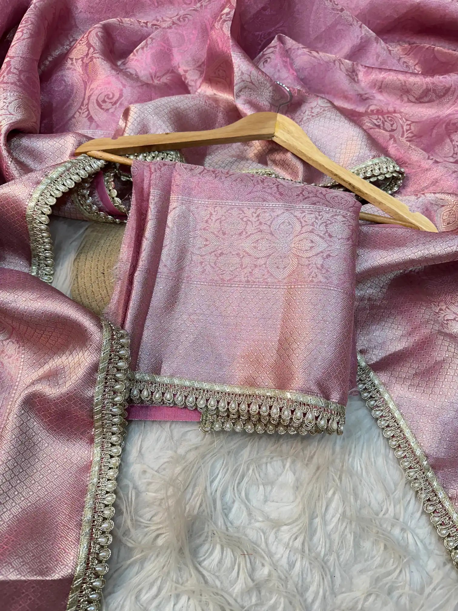 Pink Glass Tissue Silk Designer Lace Work Banarasi Saree