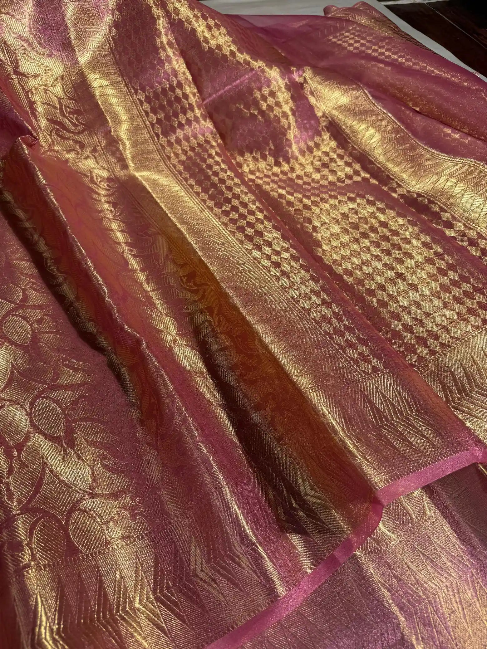 Pink Glass Tissue Silk Zari Embossed Weave Banarasi Saree