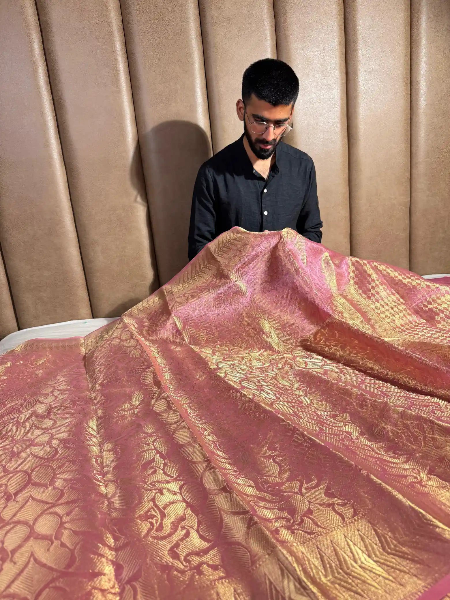Pink Glass Tissue Silk Zari Embossed Weave Banarasi Saree