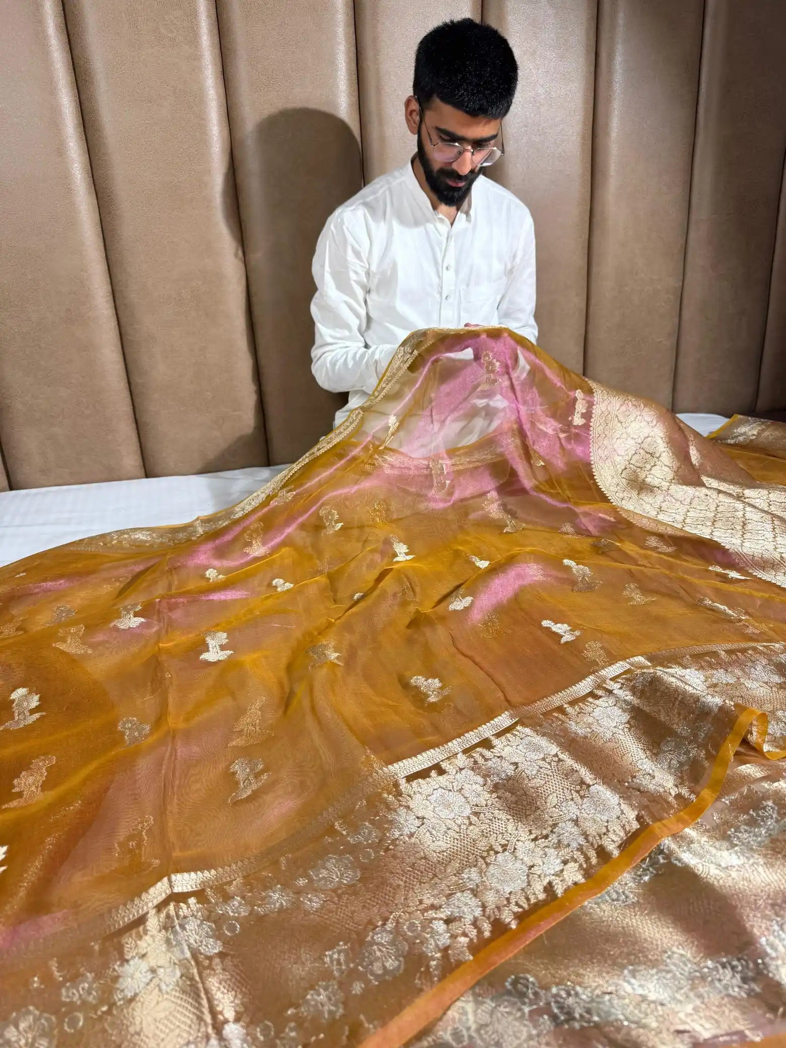 Pinkish Orange Pure Tissue Silk Heritage Banarasi Saree
