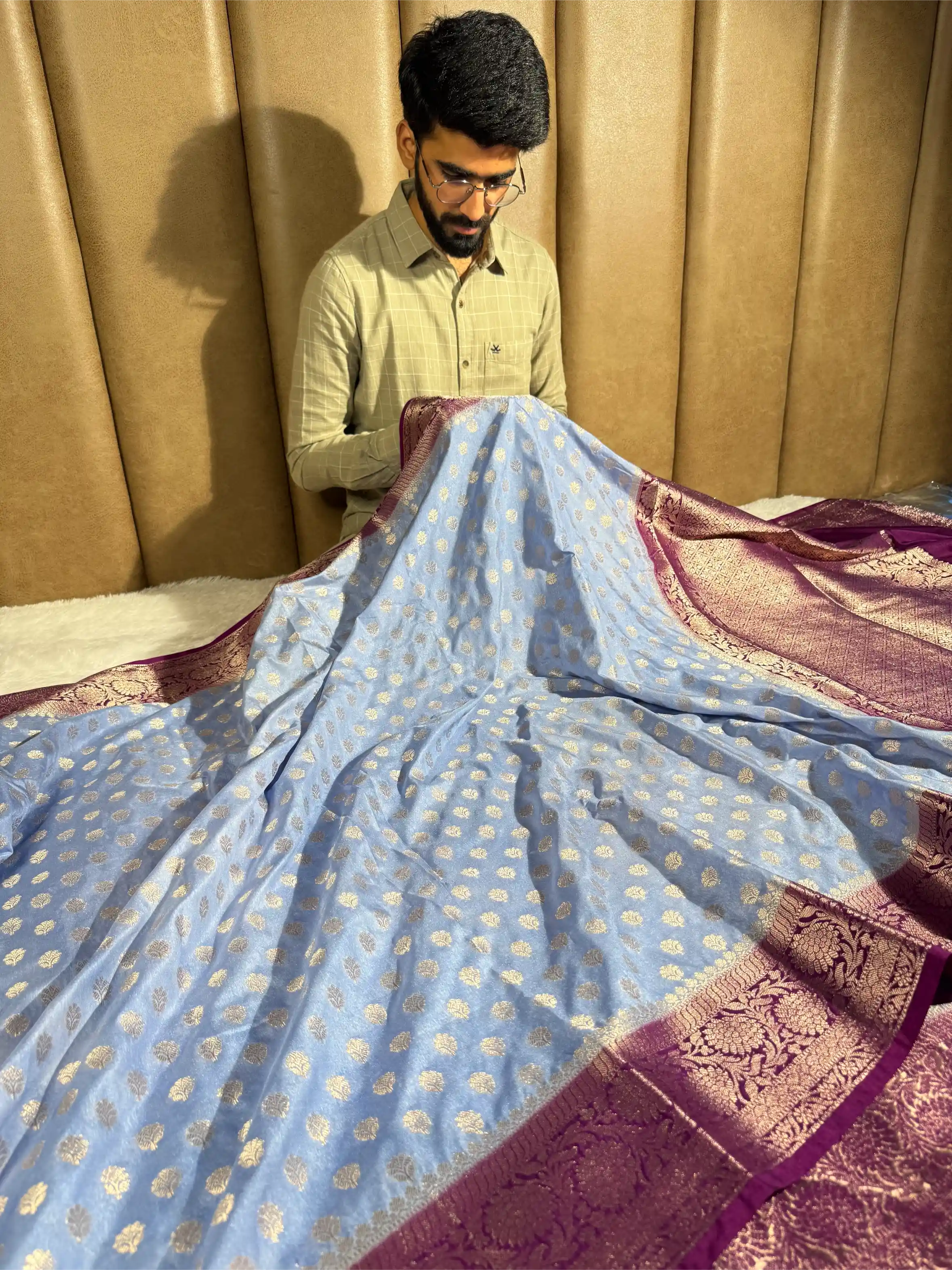 Powder Blue Chiniya Silk Khaddi Buti Banarasi Saree