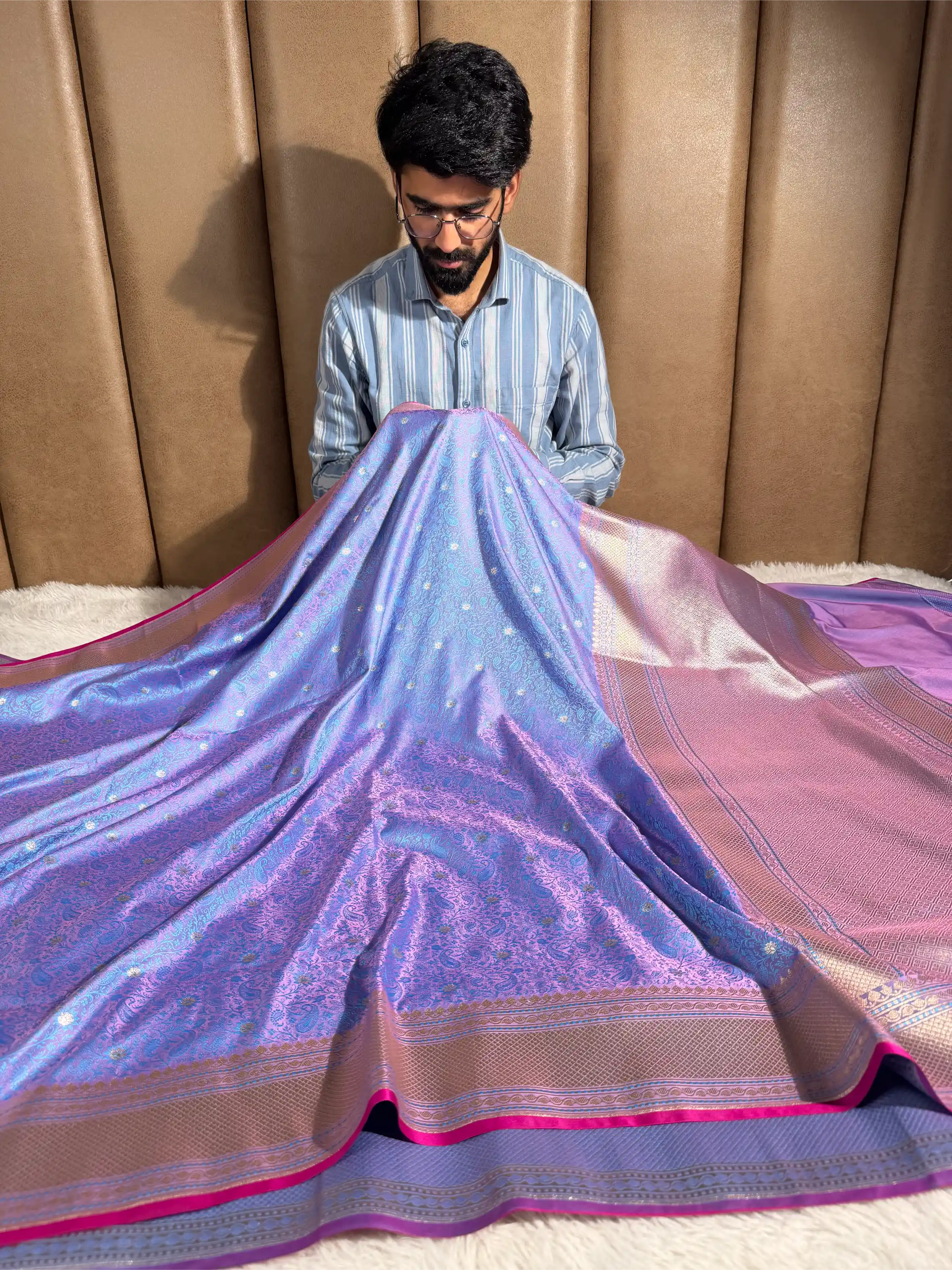 Powder Blue Intricate Mashru Katan Silk Tanchoi Banarasi Saree