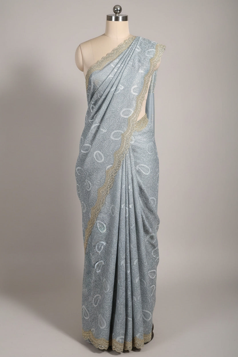 Powder Blue Pure Mul Chanderi Chikankari Work Banarasi Saree