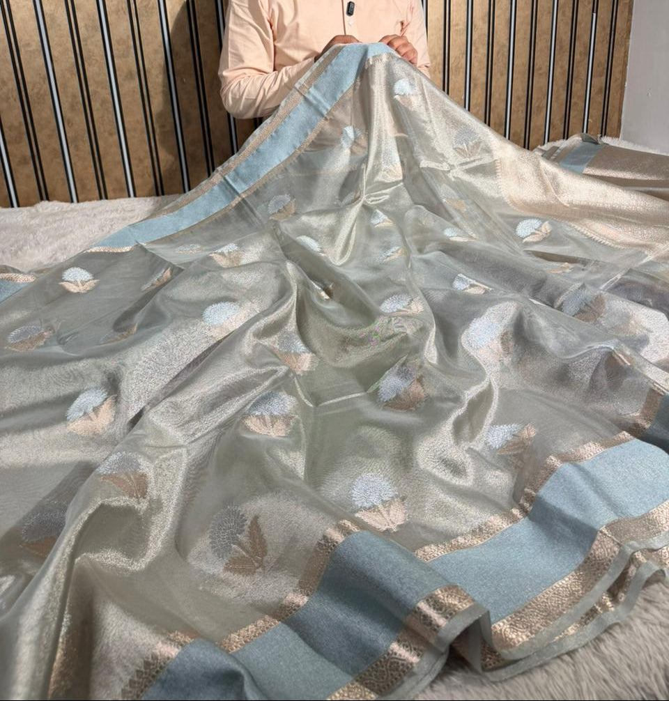 Powder Blue Soft Tissue Silk Heritage Banarasi Saree