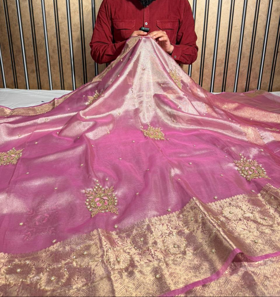 Preety Pink Tissue Silk Premium Handwork Banarasi Saree