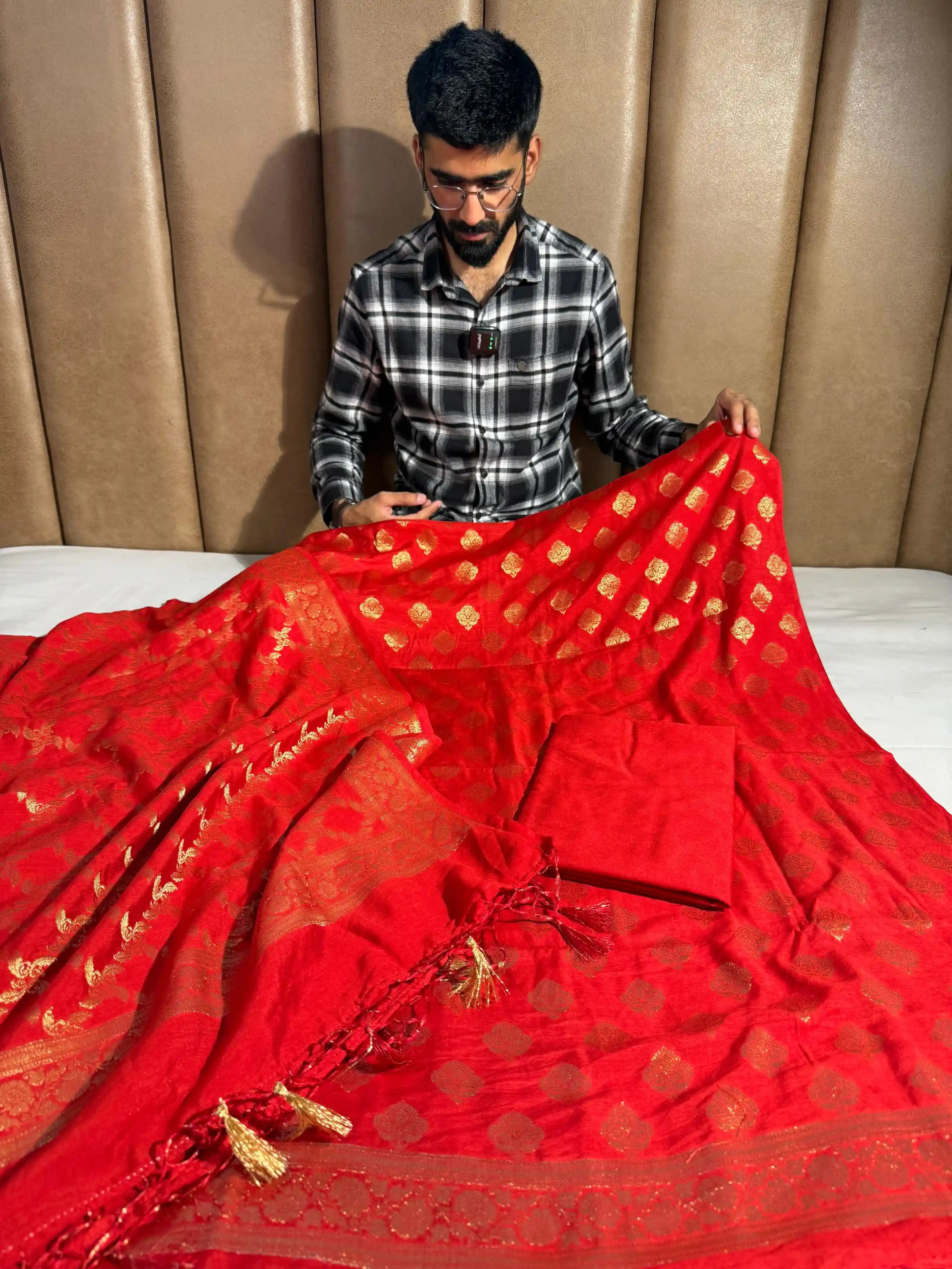 Premium Bridal Red Banarasi Cotton Suit with Rich Heritage Texture Design