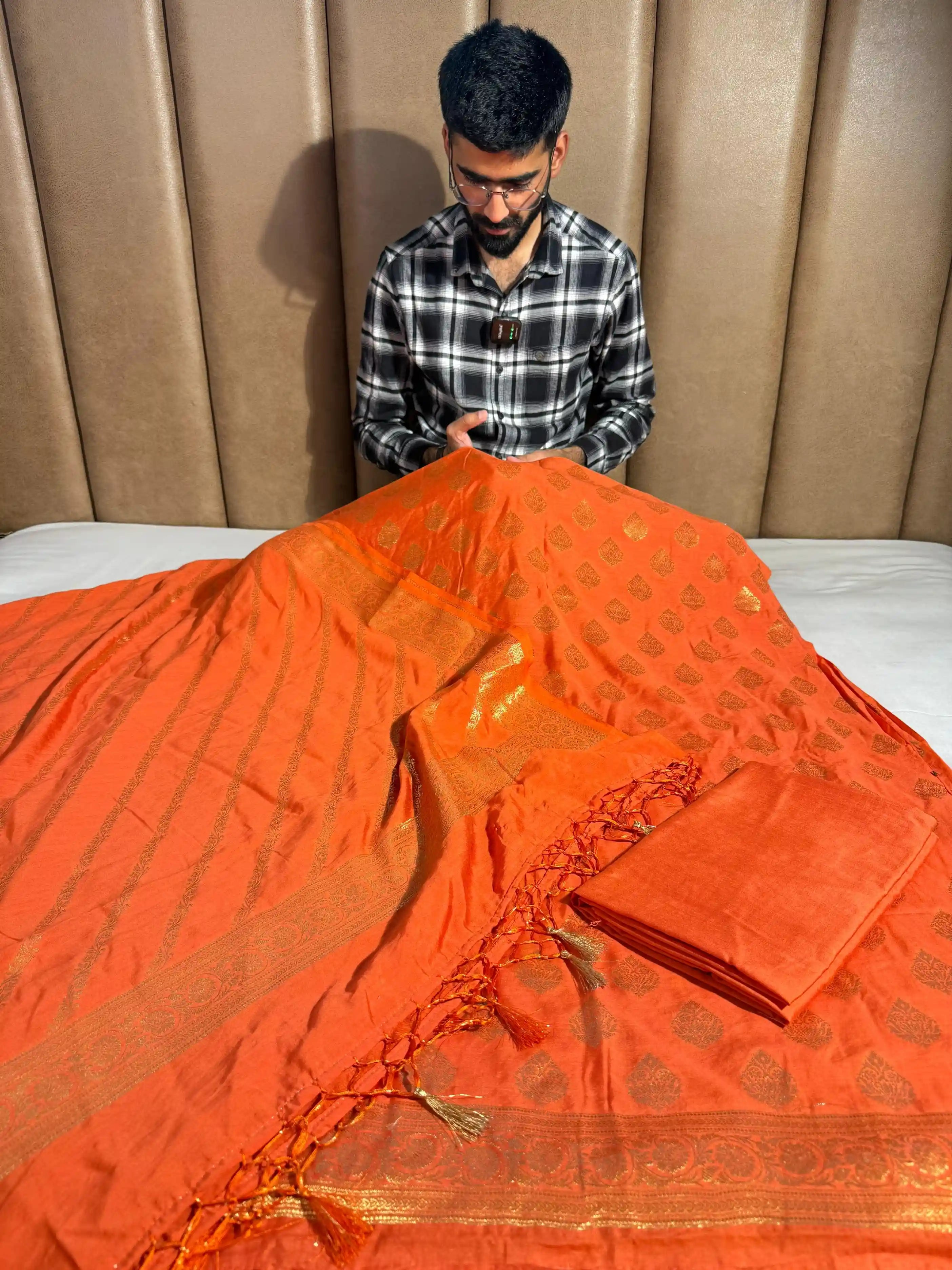 Premium Bright Orange Banarasi Cotton Suit with Rich Heritage Texture Design