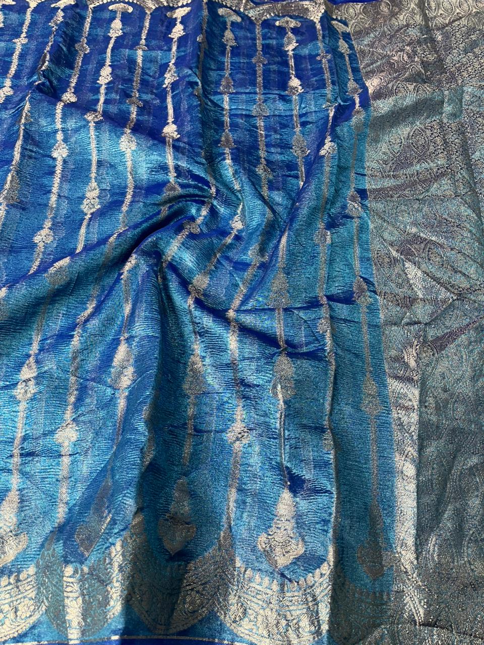 Metallic Blue Crush Tissue Silk Banarasi Saree