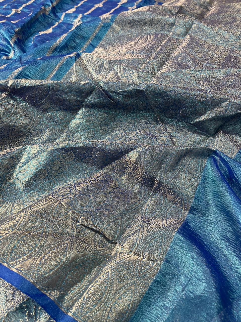 Metallic Blue Crush Tissue Silk Banarasi Saree