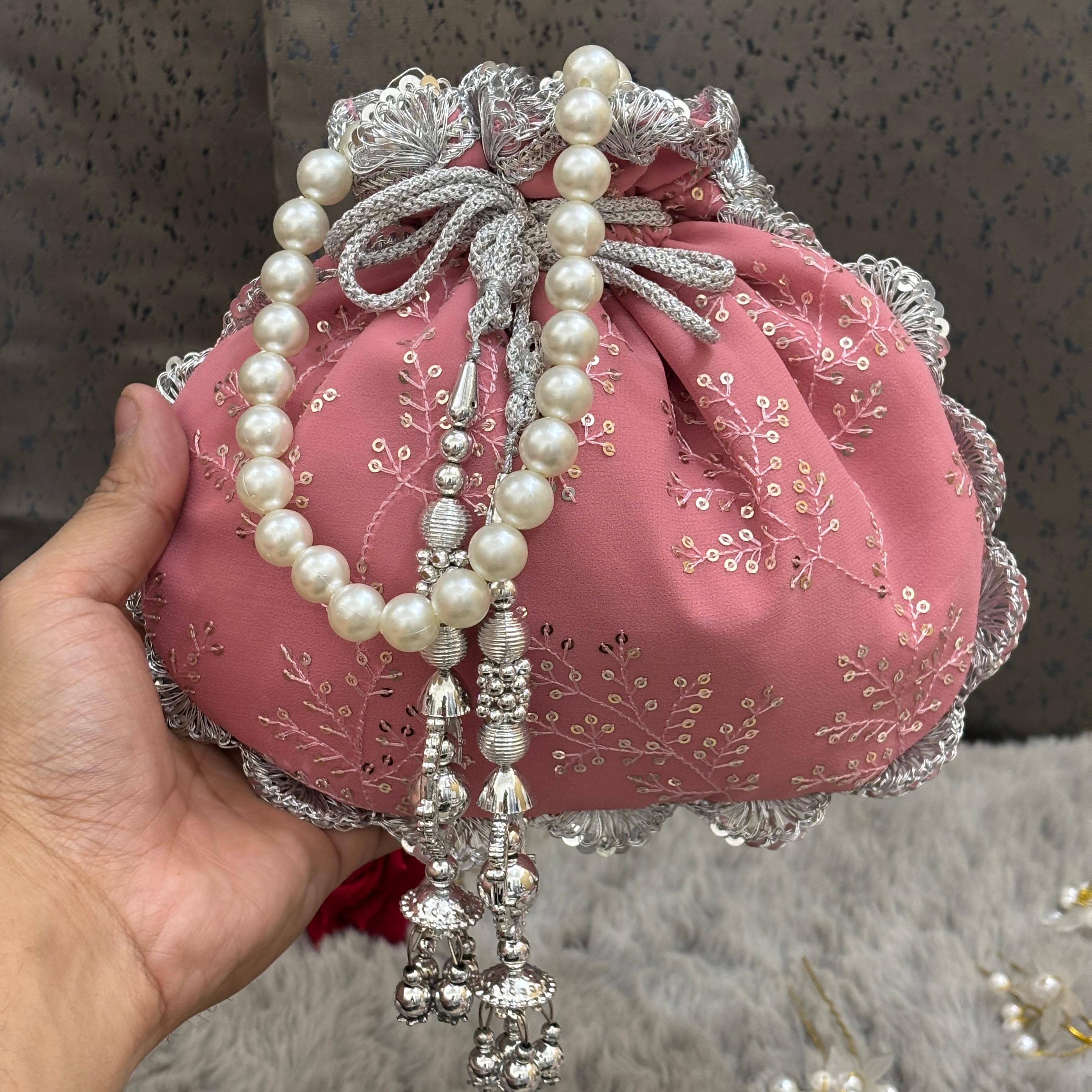 Premium Soft Pink Potli Bag with Embroidery work