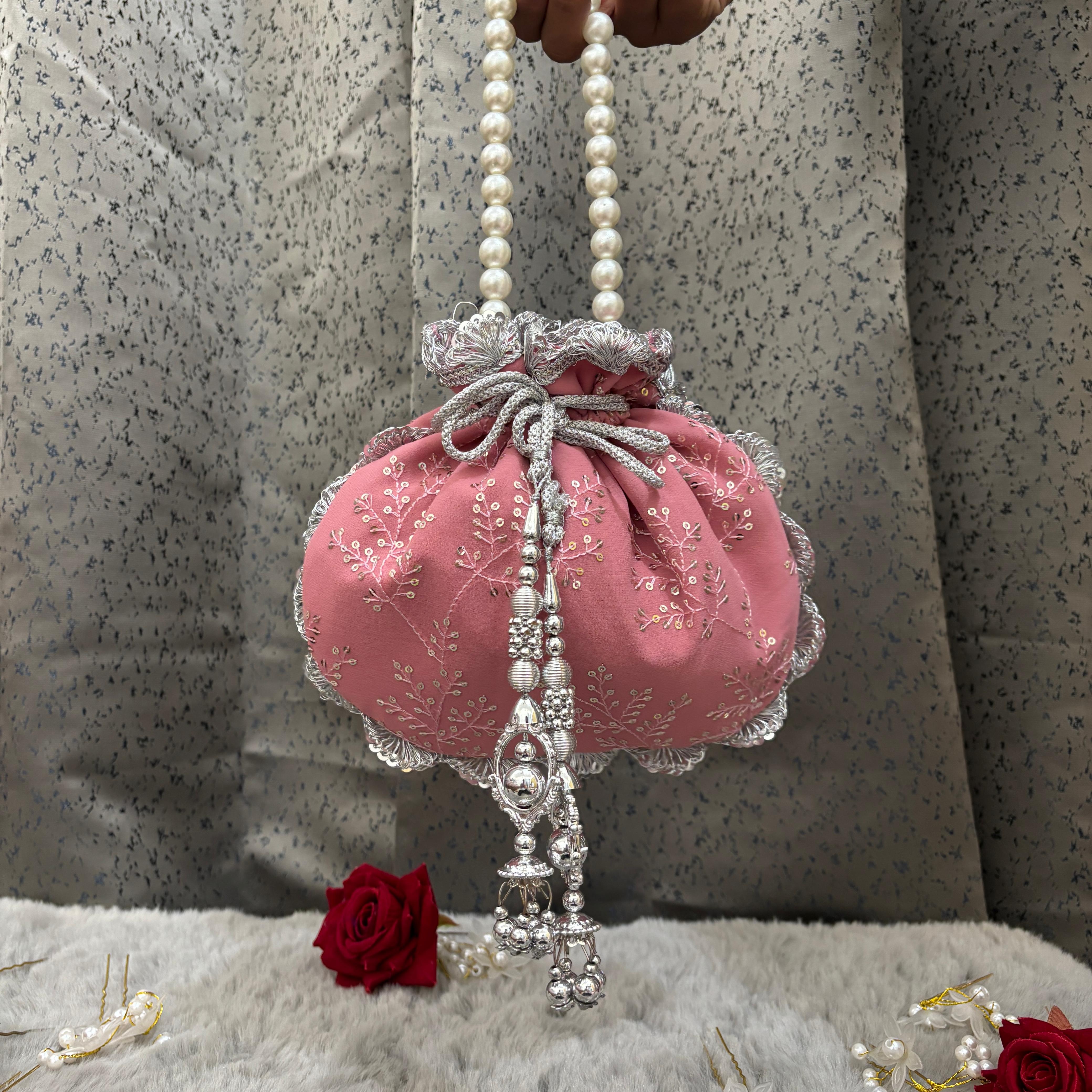 Premium Soft Pink Potli Bag with Embroidery work