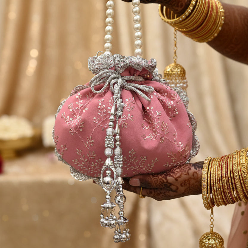 Premium Soft Pink Potli Bag with Embroidery work