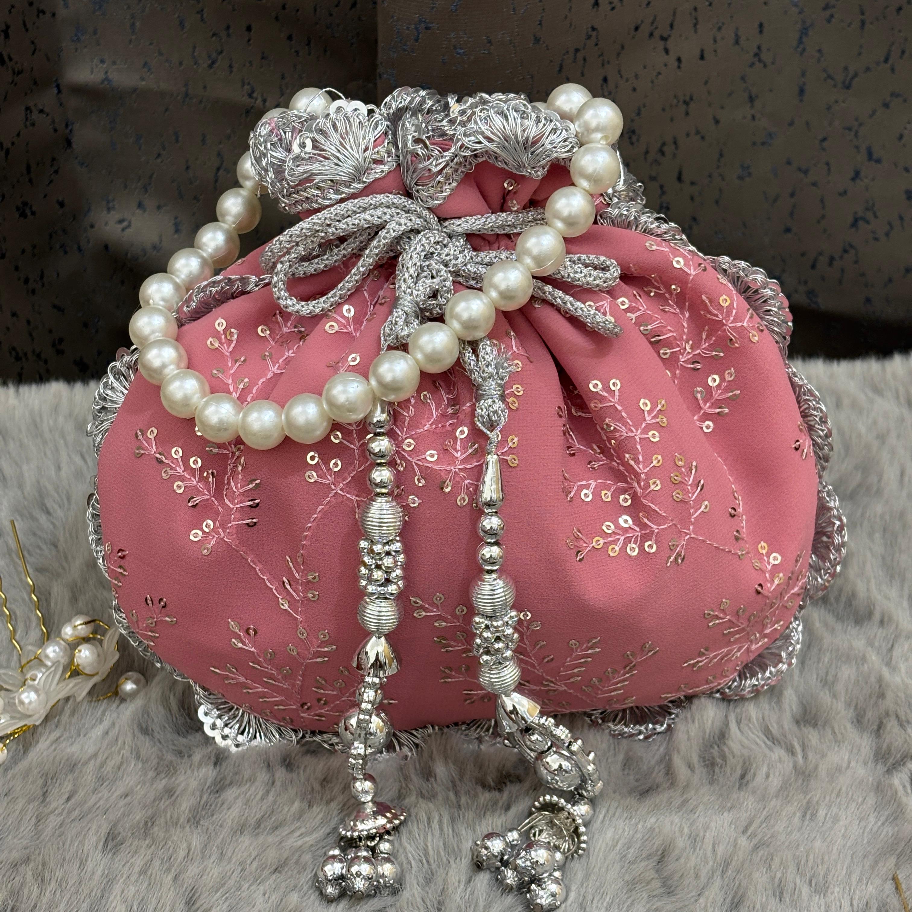 Premium Soft Pink Potli Bag with Embroidery work