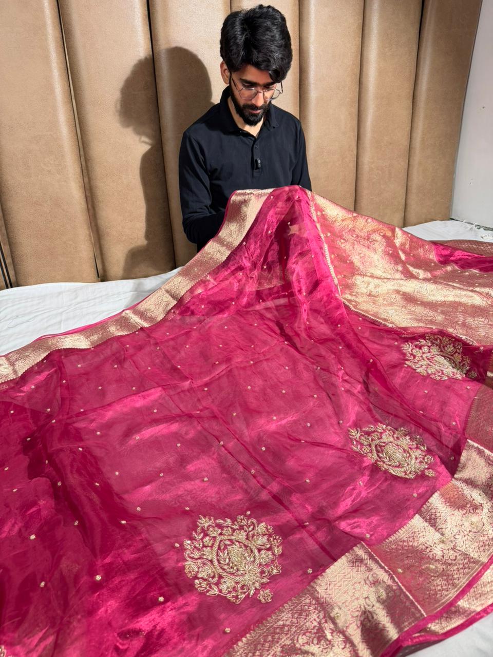 Rani Pink Premium handwork pure tissue silk Banarasi saree
