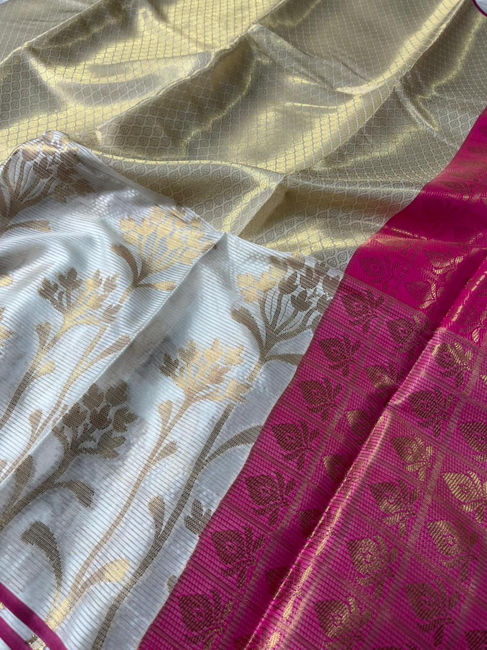 Premium white lightweight tissue resham weaved saree