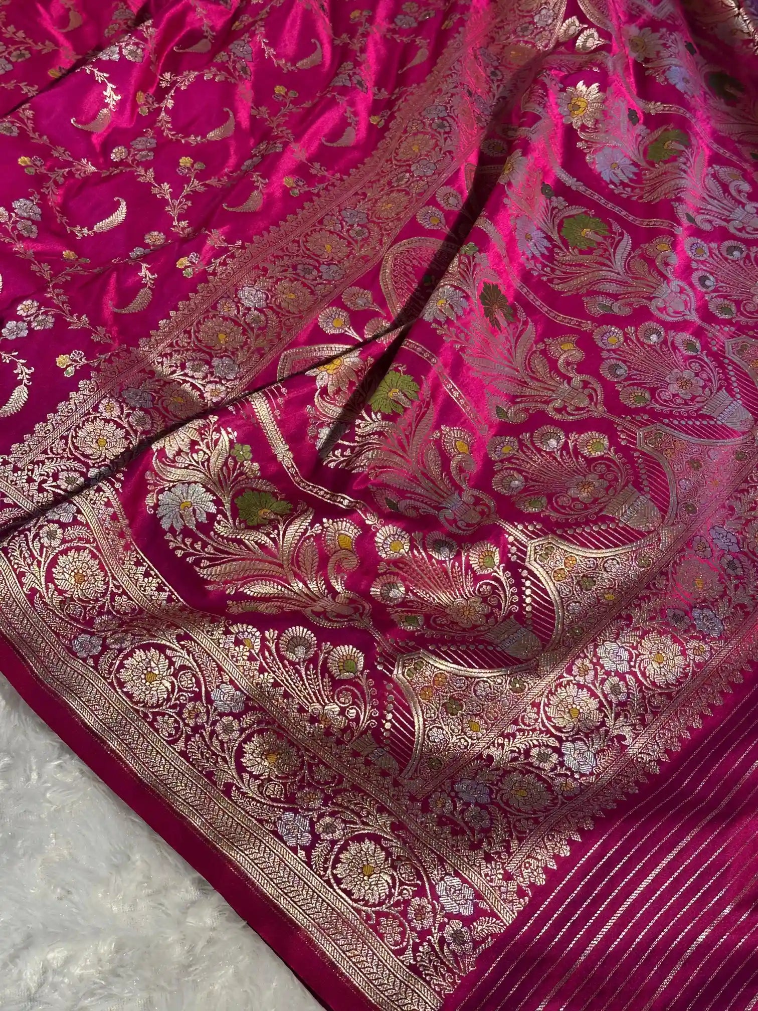 Dark Rani Mashru Katan Silk Meenakari Floral Weave Banarasi Saree
