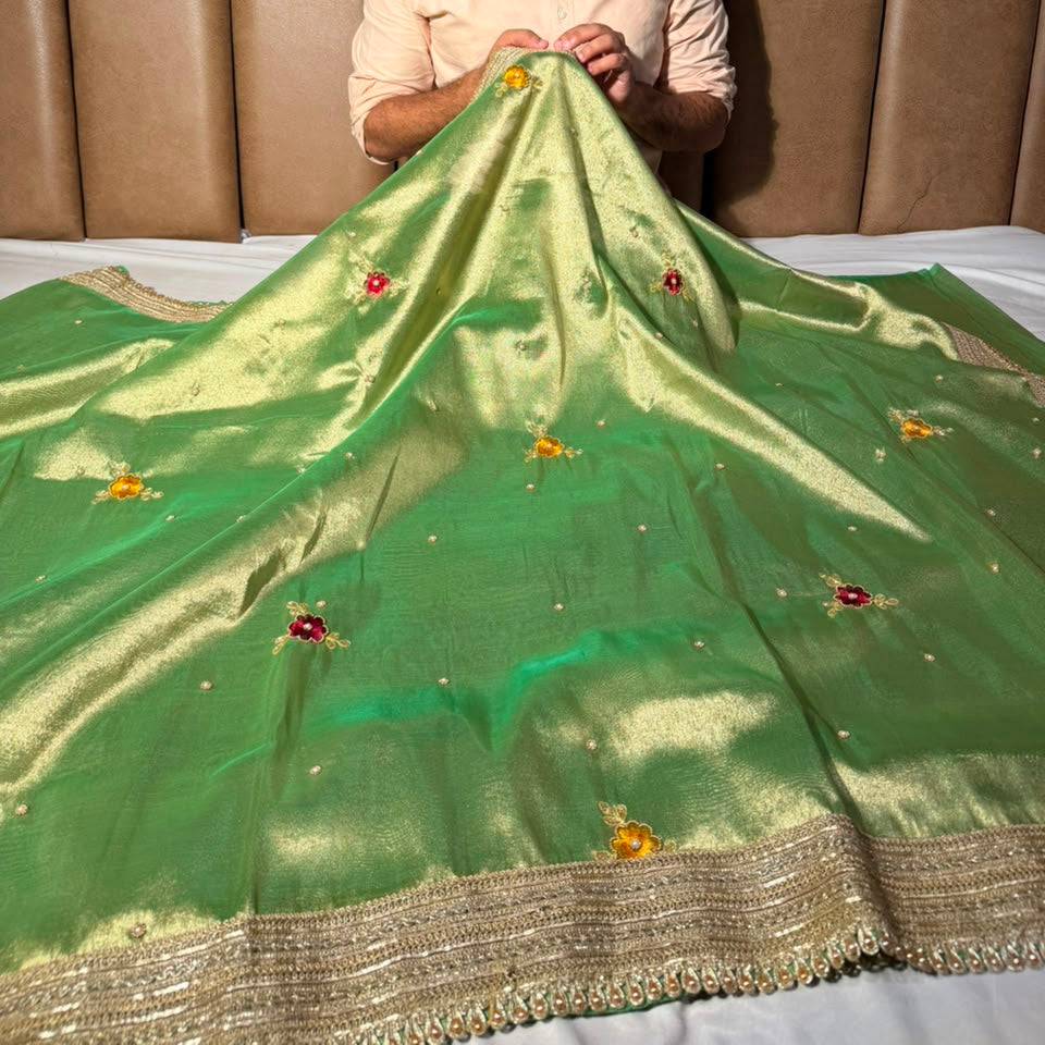 Pretty Green Kora Tissue Silk Handwork Banarasi Saree